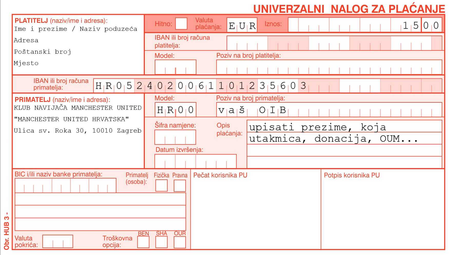UPlatnica za godišnju članarinu